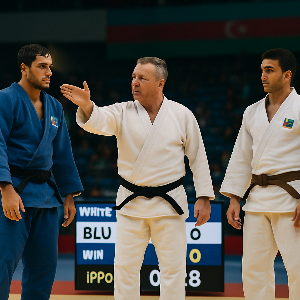 A judo referee signals beside the scoreboard as two competitors stand on the tatami,