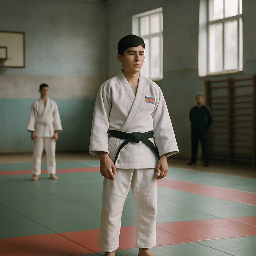 A teenage judoka stands focused at the edge of a tatami in a regional