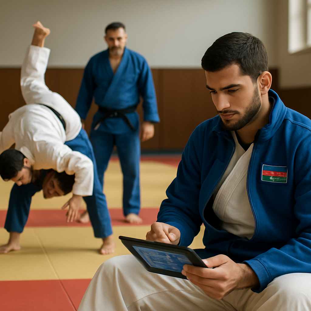Azerbaijani national judo team members train on the tatami as a coach observes and