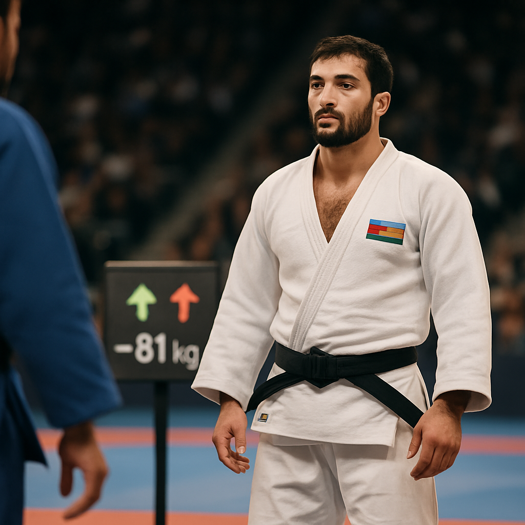 An Azerbaijani judoka stands focused on the competition mat as a subtle scoreboard suggests