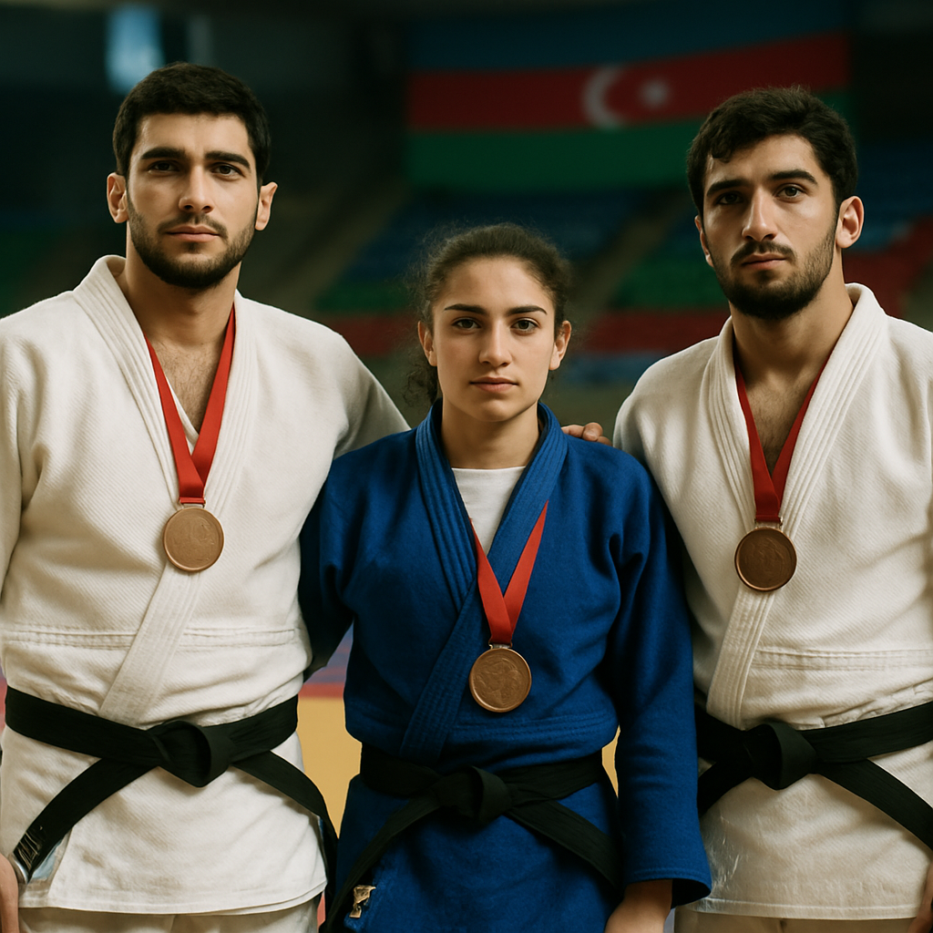 Three Azerbaijani judo medalists stand together on the competition mat, looking ahead to their