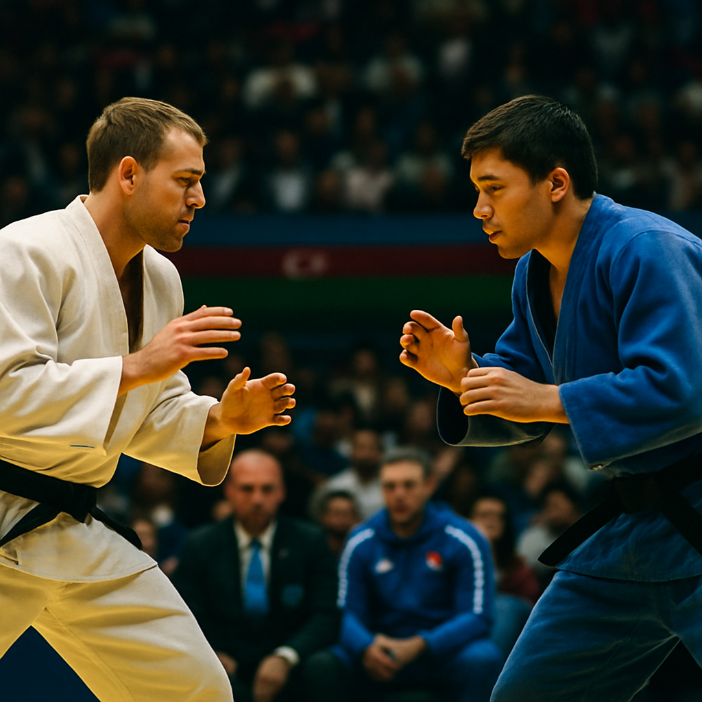 Two judoka prepare to compete on the tatami in Baku as an international crowd