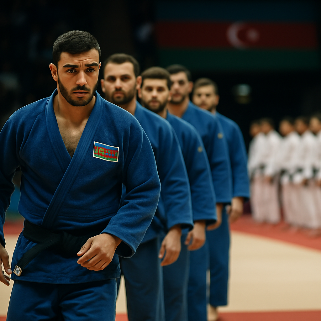 An Azerbaijani judoka prepares to compete as teammates wait behind him and a rival
