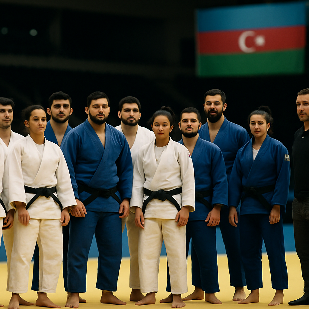 Azerbaijan’s men’s and women’s judo team stand together on a tatami as they prepare