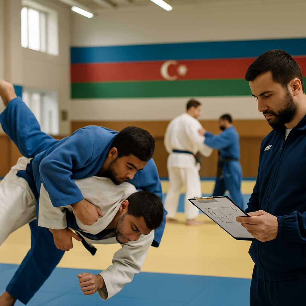 Azerbaijani judoka practice on the tatami as their coach reviews a tactical plan ahead