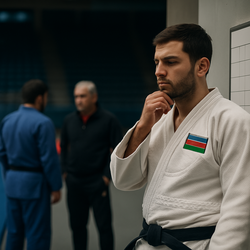 An Azerbaijani judoka stands beside a competition mat, with a blank schedule board behind