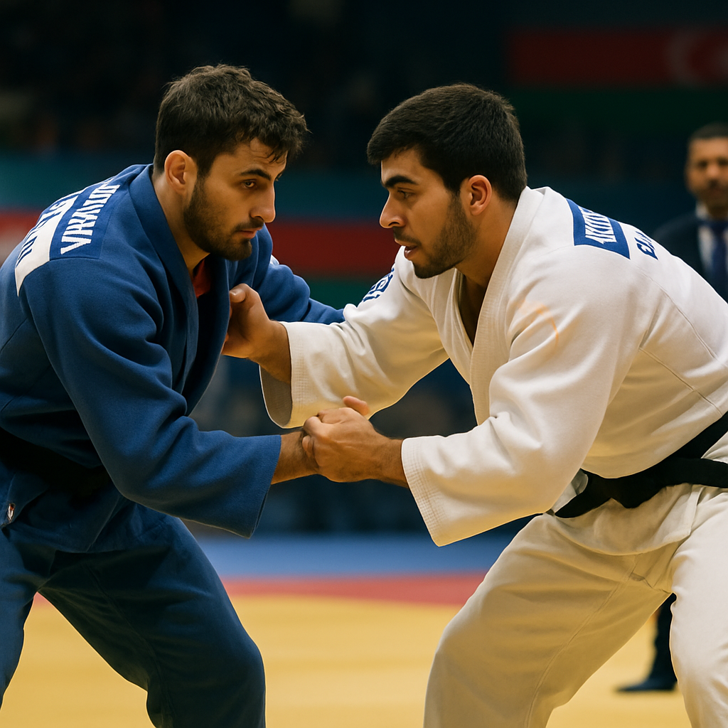 Azerbaijani judoka compete for grip on the mat as their team prepares for the