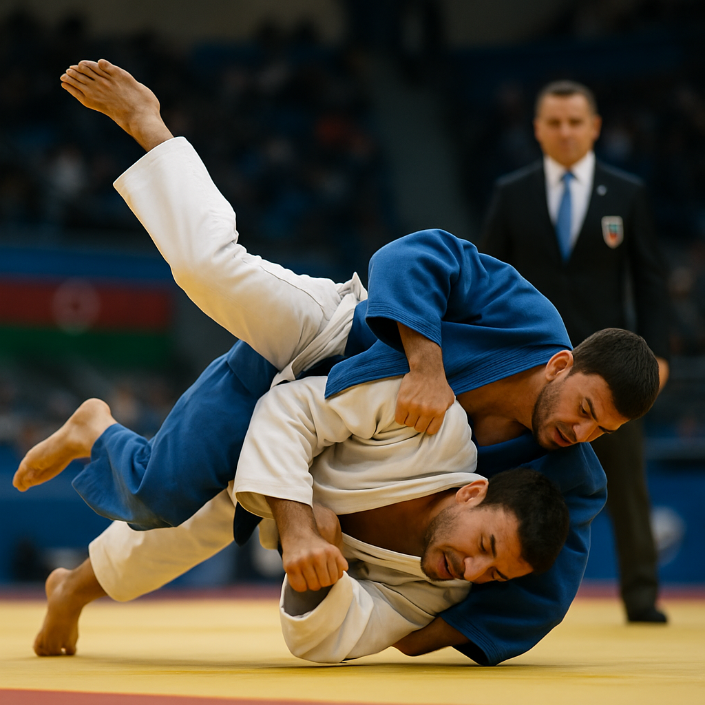 Two judoka compete in a men’s final at the Azerbaijan National Judo Championships.