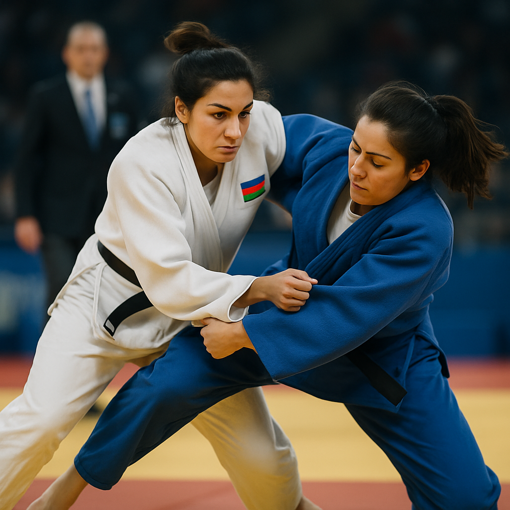 Two Azerbaijani women judokas compete for grip during a decisive exchange on the tatami.