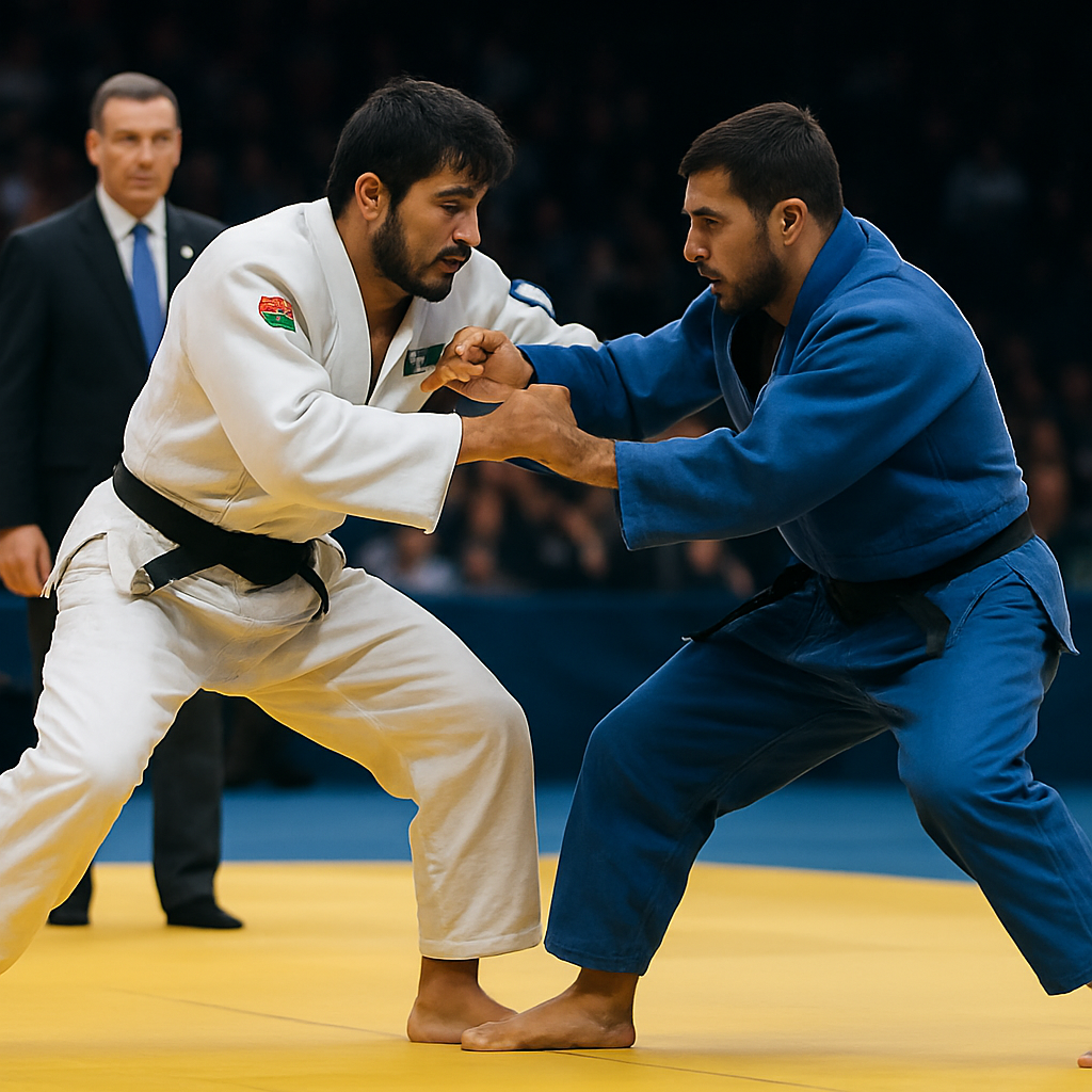 An Azerbaijani judoka in white grips an opponent in blue during a focused tactical